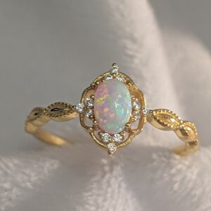Ring 14K Gold Over Sterling Silver Elegant Ring White lab Opal
